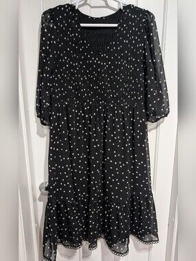 Black Polka Dot Smocked Midi Dress